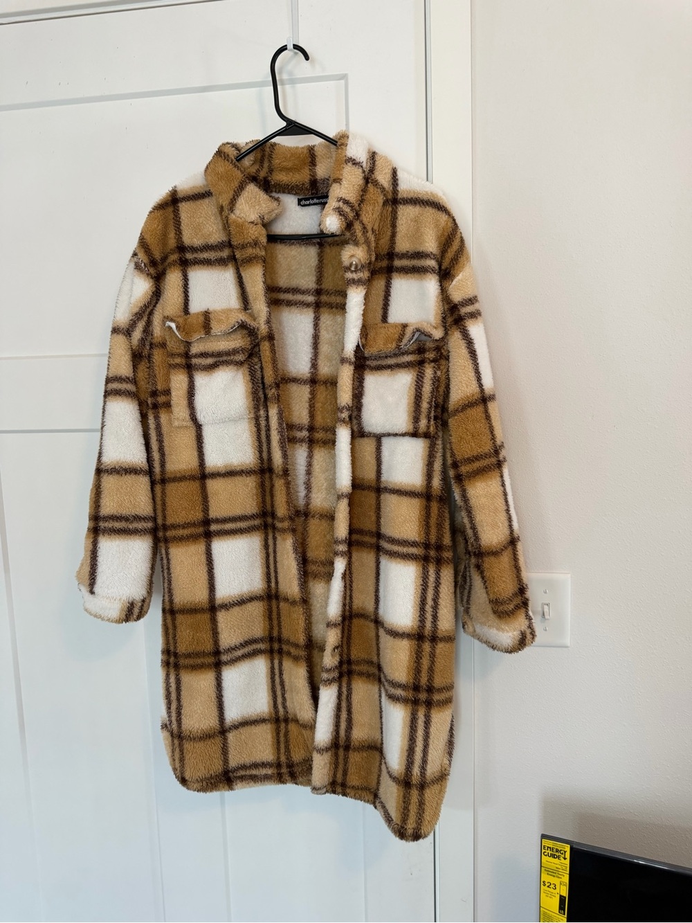 Charlotte Russe Camel and White Plaid Teddy Shacket